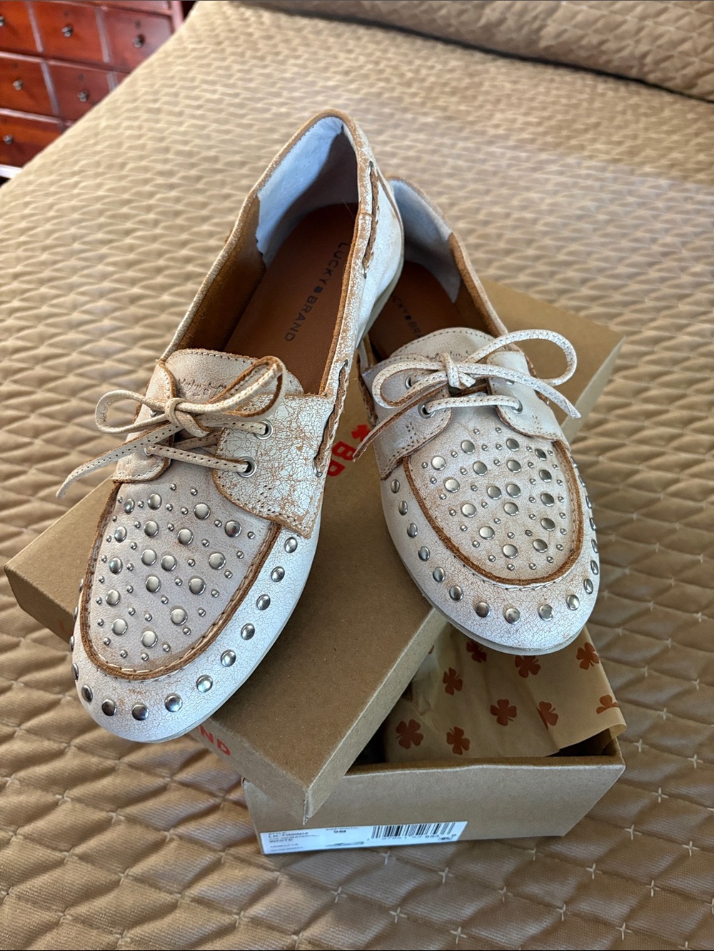 Lucky Brand Cream Metallic Studded Lace-Up Moccasins